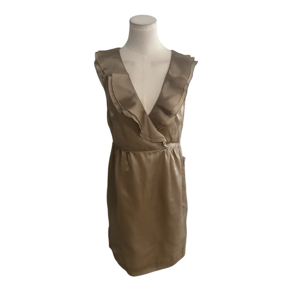 J. Crew Gold Sheath Mini Dress Plunge Neckline Ruffles Size 8 Silk Party Wedding - Picture 1 of 8